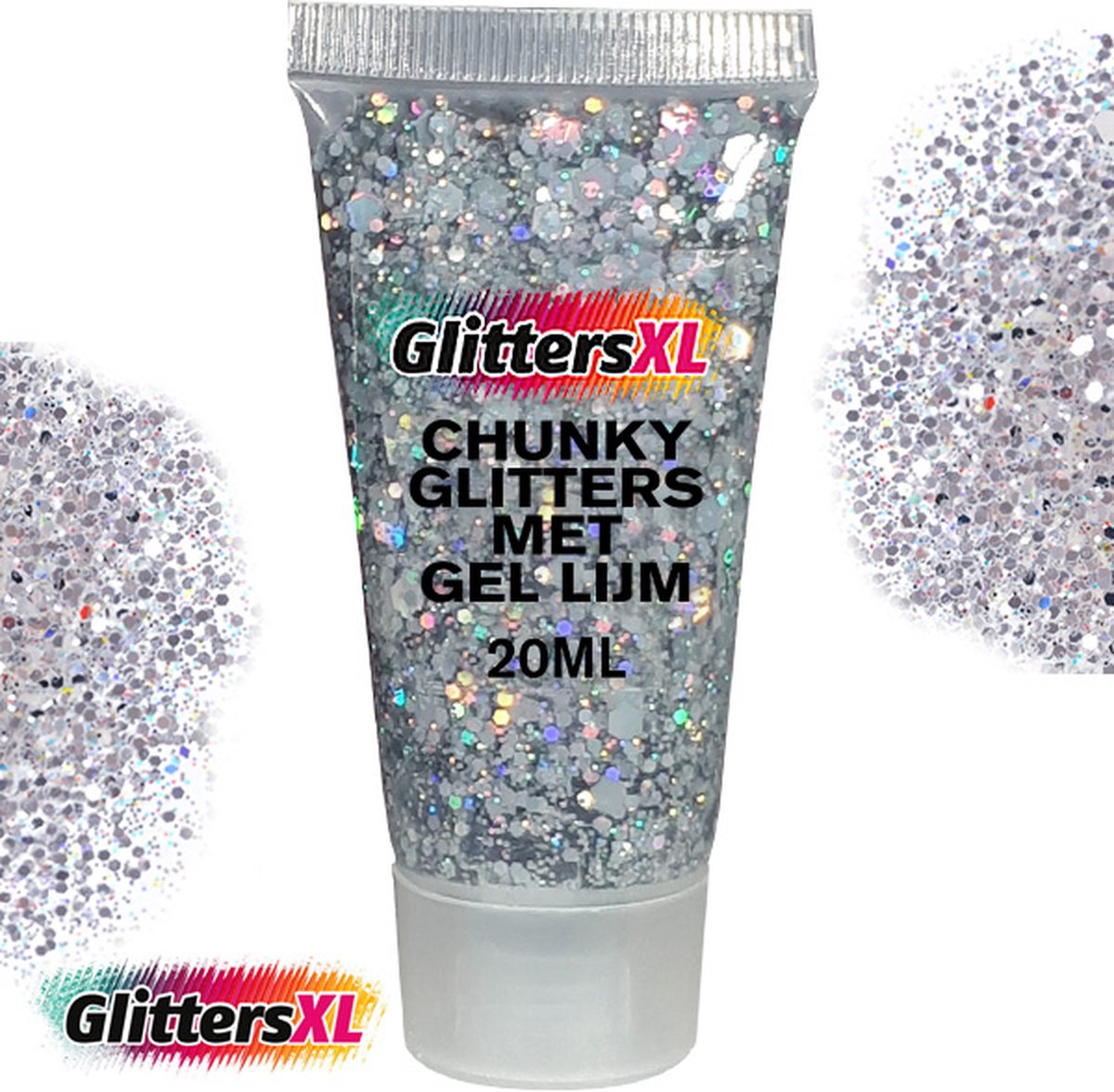 GlittersXL - Chunky Glitters met Gel Lijm Tube (Zilver) [Volume 20ML - Festival Jewels Glitter Outfit Lichaam en Gezicht - Make-up Diamond Dots Face Body - Diamantjes Strass Steentjes - Kinderen Volwassenen Dames Makeup Tattoo Mastix Schmink]